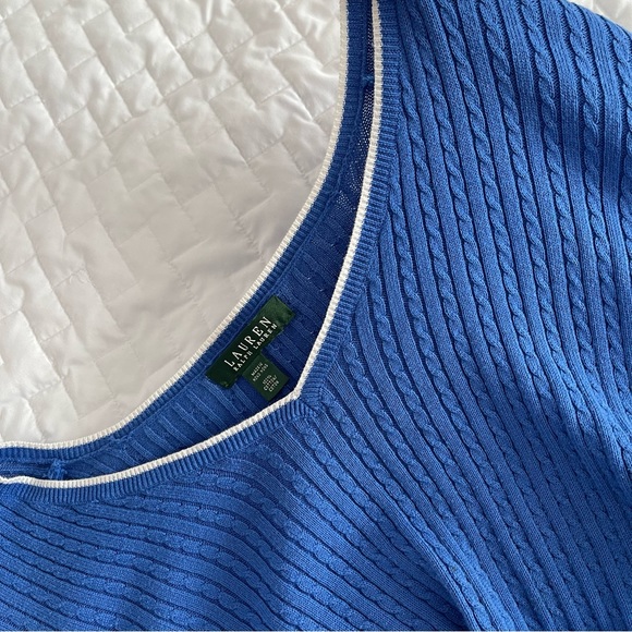 RALPH LAUREN Blue Cerulean Periwinkle 100% Cotton V-neck Sweater - Picture 4 of 6